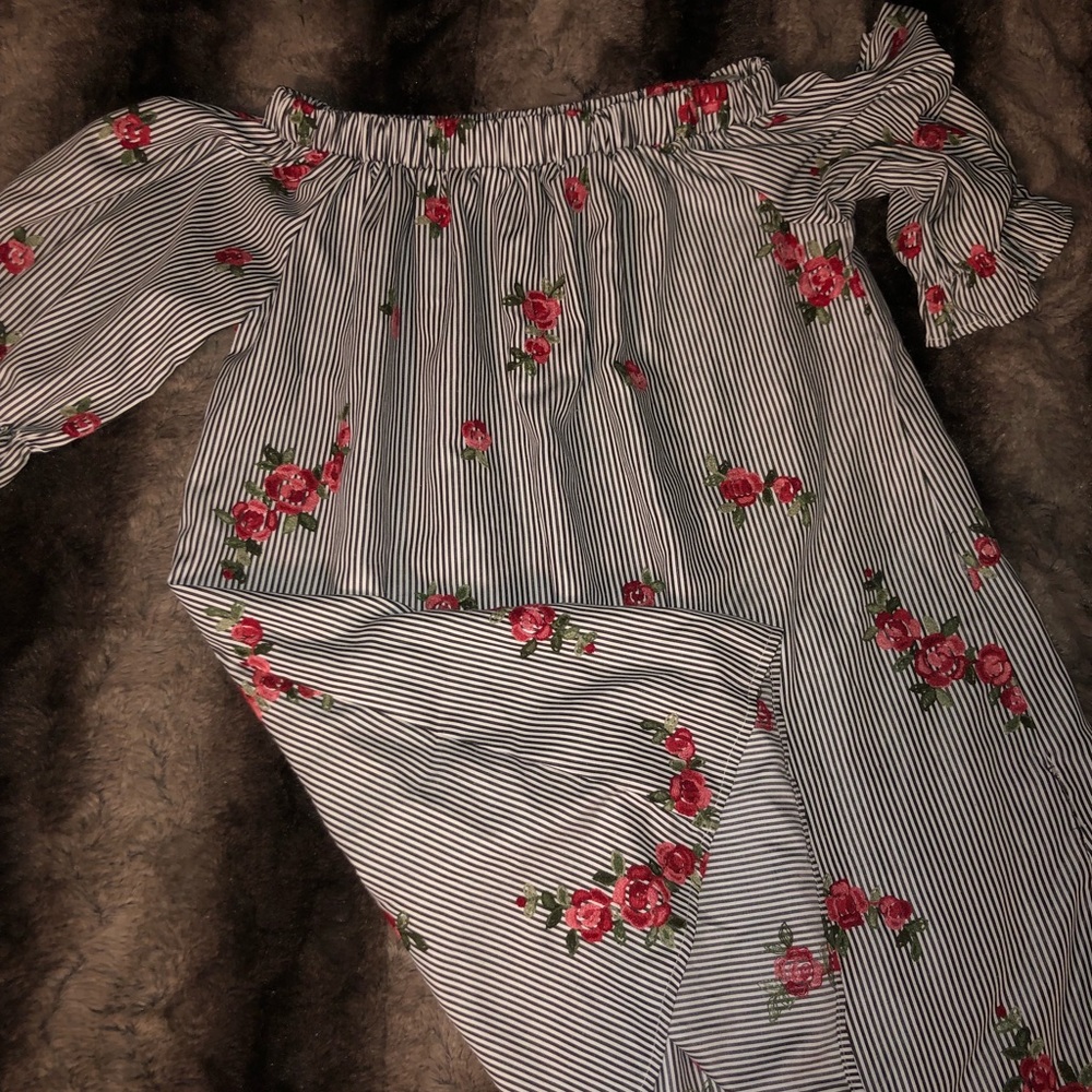 Pinstriped with Rose embroideries Summer Dress